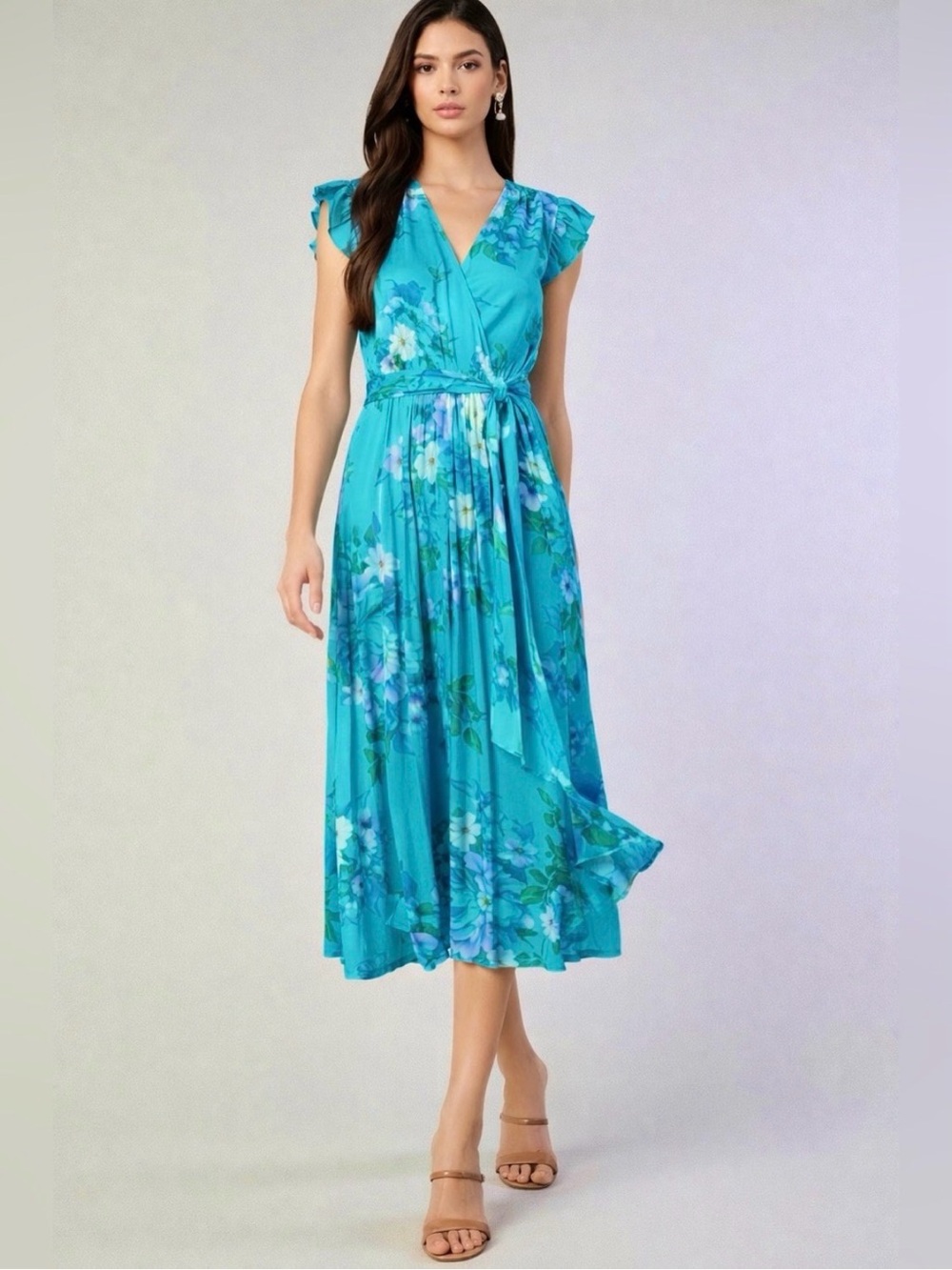Current Air Turquoise Floral Ruffle-Sleeve Midi Dress